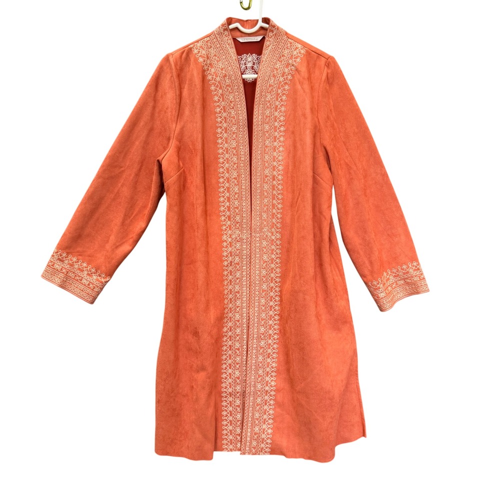 Soft Surroundings Leona Faux Suede Embroidered Duster Coat L Orange Boho Jacket